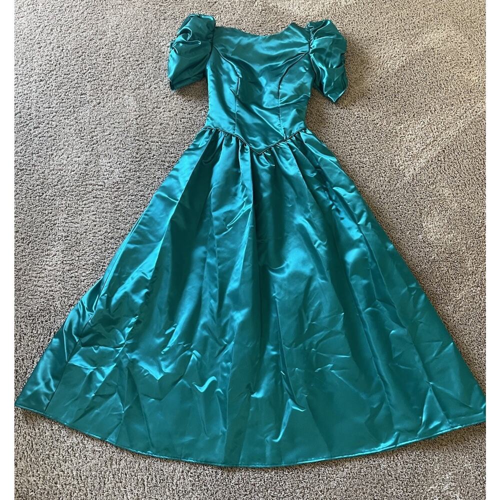 Vtg 80s Teal Green Satin Prom Formal Dress Puff Sleeve Bridgerton Sz 7/8 Taffeta
